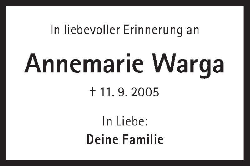  Traueranzeige für Annemarie Warga vom 10.09.2016 aus Süddeutsche Zeitung