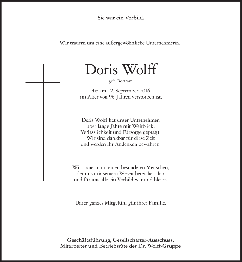  Traueranzeige für Doris Wolff vom 17.09.2016 aus Süddeutsche Zeitung