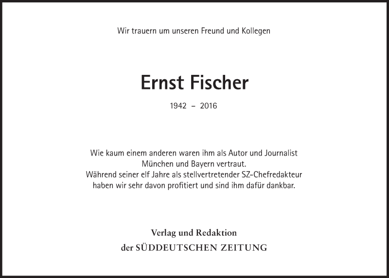 Traueranzeige für Ernst Fischer vom 24.09.2016 aus Süddeutsche Zeitung