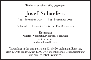 Traueranzeige von Josef Schaefers von Süddeutsche Zeitung