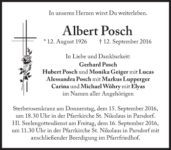 Traueranzeige von Albert Posch von Süddeutsche Zeitung