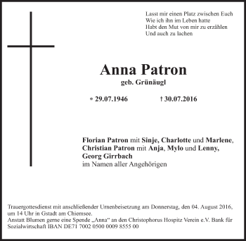 Traueranzeige von Anna Patron von Süddeutsche Zeitung