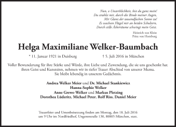 Traueranzeige von Helga Maximiliane Welker-Baumbach von Süddeutsche Zeitung