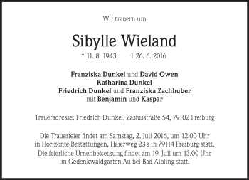 Traueranzeige von Sibylle Wieland von Süddeutsche Zeitung