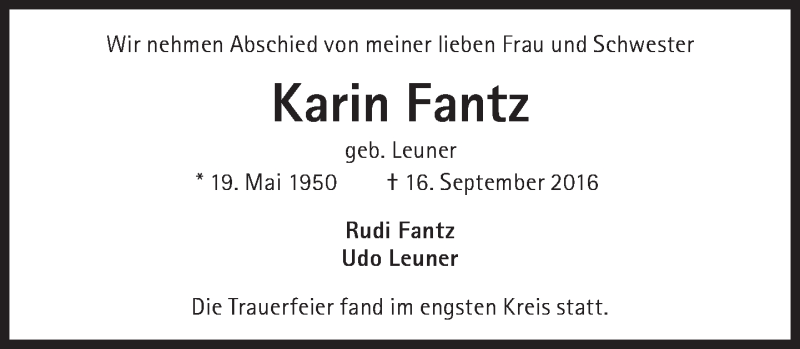 Traueranzeige für Karin Fantz vom 24.09.2016 aus Süddeutsche Zeitung