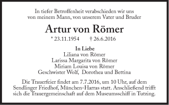 Traueranzeige von Artur  von Römer von Süddeutsche Zeitung