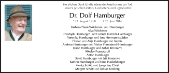 Traueranzeige von Dolf Hamburger von Süddeutsche Zeitung