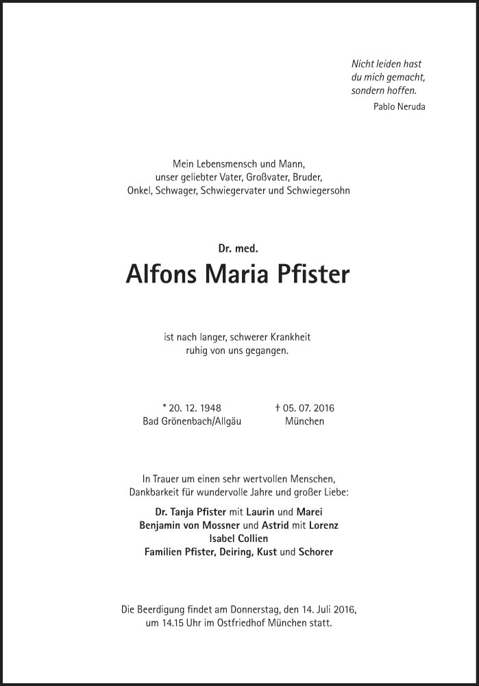  Traueranzeige für Alfons Maria Pfister vom 09.07.2016 aus Süddeutsche Zeitung