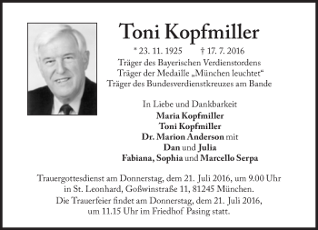 Traueranzeige von Toni Kopfmiller von Süddeutsche Zeitung