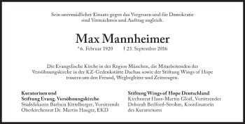 Traueranzeige von Max Mannheimer von Süddeutsche Zeitung