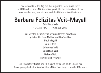 Traueranzeige von Barbara Felizitas Veit-Mayall von Süddeutsche Zeitung