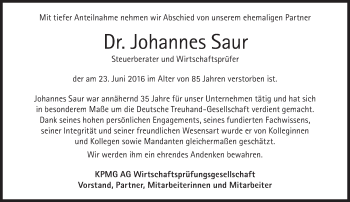 Traueranzeige von Johannes Saur von Süddeutsche Zeitung