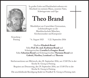 Traueranzeige von Theo Brand von Süddeutsche Zeitung