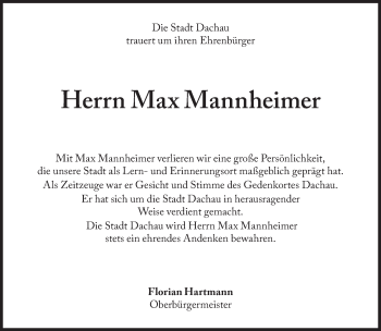 Traueranzeige von Max Mannheimer von Süddeutsche Zeitung