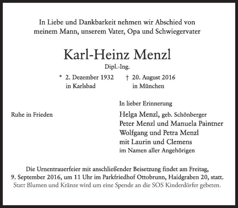  Traueranzeige für Karl-Heinz Menzl vom 03.09.2016 aus Süddeutsche Zeitung
