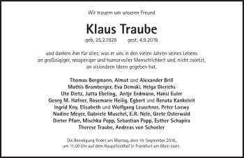 Traueranzeige von Klaus Traube von Süddeutsche Zeitung