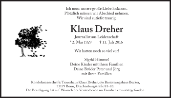 Traueranzeige von Klaus Dreher von Süddeutsche Zeitung