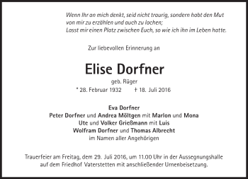 Traueranzeige von Elise Dorfner von Süddeutsche Zeitung