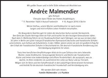 Traueranzeige von Andree Malmendier von Süddeutsche Zeitung