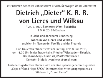 Traueranzeige von Dietrich  von Lieres und Wilkau von Süddeutsche Zeitung