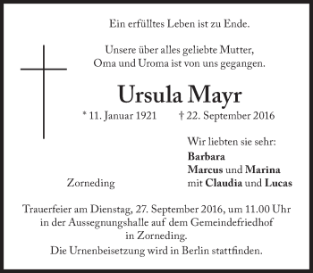 Traueranzeige von Ursula Mayr von Süddeutsche Zeitung