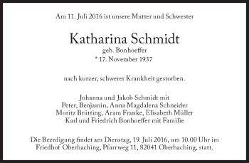 Traueranzeige von Katharina Schmidt von Süddeutsche Zeitung