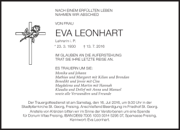 Traueranzeige von Eva Leonhart von Süddeutsche Zeitung