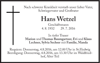 Traueranzeige von Hans Wetzel von Süddeutsche Zeitung