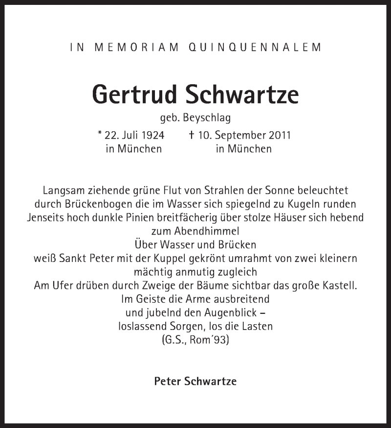  Traueranzeige für Gertrud Schwartze vom 10.09.2016 aus Süddeutsche Zeitung