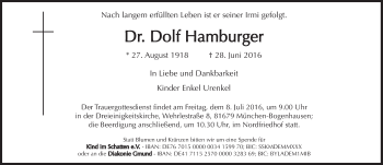 Traueranzeige von Dolf Hamburger von Süddeutsche Zeitung