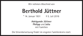 Traueranzeige von Berthold Jüttner von Süddeutsche Zeitung