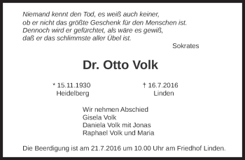 Traueranzeige von Otto Volk von Süddeutsche Zeitung