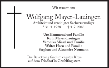 Traueranzeige von Wolfgang Mayer-Lauingen von Süddeutsche Zeitung