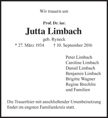 Traueranzeige von Jutta  Limbach von Süddeutsche Zeitung