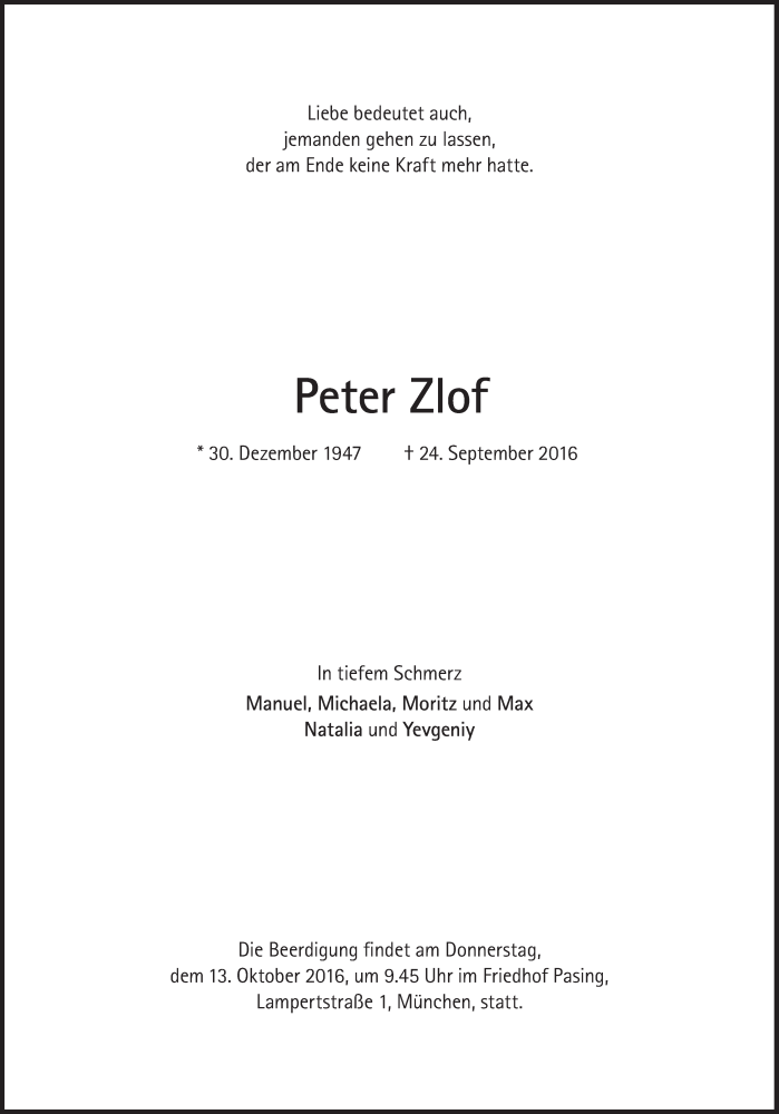 Traueranzeige für Peter Zlof vom 01.10.2016 aus Süddeutsche Zeitung