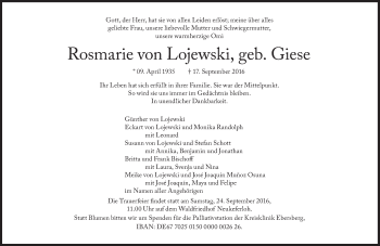 Traueranzeige von Rosmarie von Lojewski von Süddeutsche Zeitung
