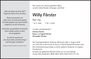 Traueranzeige von Willy Förster von Süddeutsche Zeitung