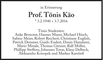 Traueranzeige von Tönis Käo von Süddeutsche Zeitung