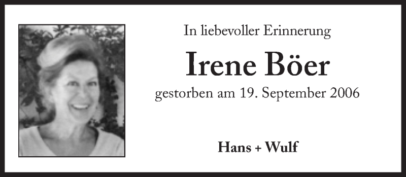  Traueranzeige für Irene Böer vom 17.09.2016 aus Süddeutsche Zeitung