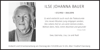 Traueranzeige von Ilse Johanna  Bauer von Süddeutsche Zeitung