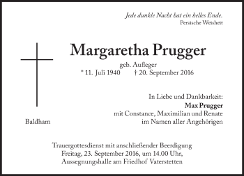 Traueranzeige von Margaretha Prugger von Süddeutsche Zeitung