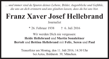 Traueranzeige von Franz Xaver Josef Hellebrand von Süddeutsche Zeitung