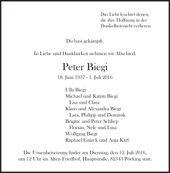 Traueranzeige von Peter Biegi von Süddeutsche Zeitung