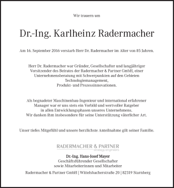 Traueranzeige von Karlheinz Radermacher von Süddeutsche Zeitung