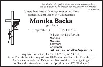 Traueranzeige von Monika Backa von Süddeutsche Zeitung