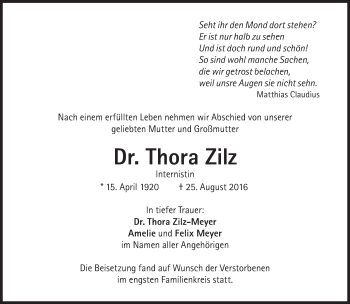 Traueranzeige von Thora Zilz von Süddeutsche Zeitung