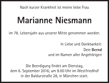 Traueranzeige von Marianne Niesmann von Süddeutsche Zeitung