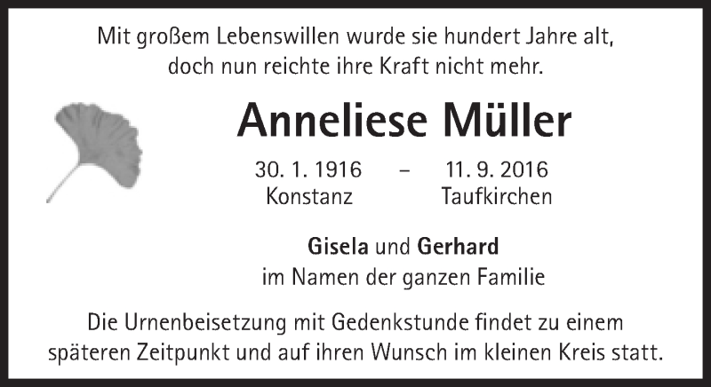  Traueranzeige für Anneliese Müller vom 17.09.2016 aus Süddeutsche Zeitung