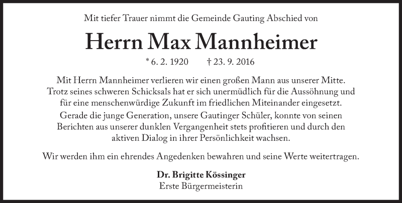  Traueranzeige für Max Mannheimer vom 29.09.2016 aus Süddeutsche Zeitung