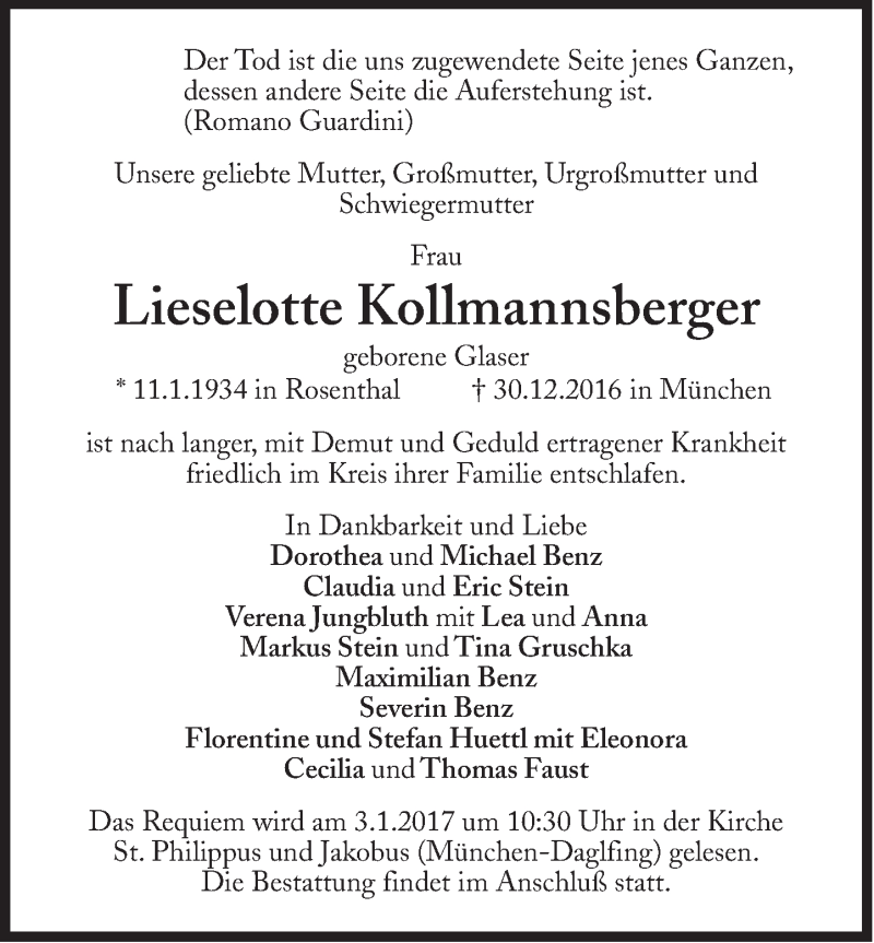  Traueranzeige für Lieselotte Kollmannsberger vom 02.01.2017 aus Süddeutsche Zeitung